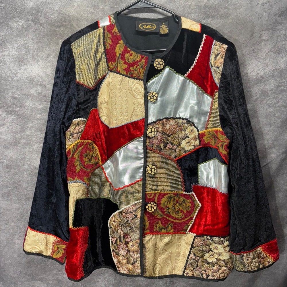 VTG Allure Patchwork Velvet Brocade Art to Wear Button Jacket Size L Metallic